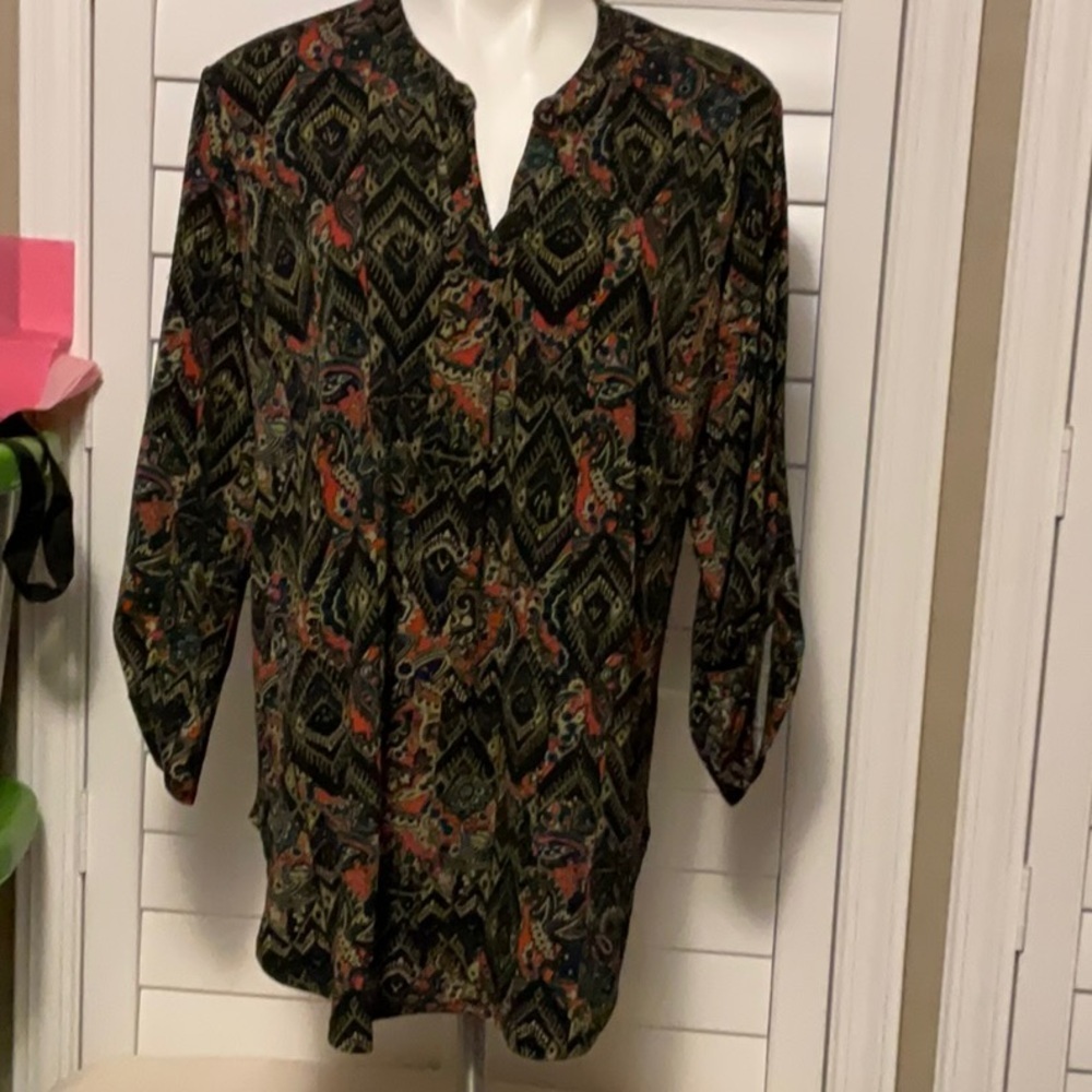 Cato Brown and Gold Relaxed Blouse with Mandarin Collar